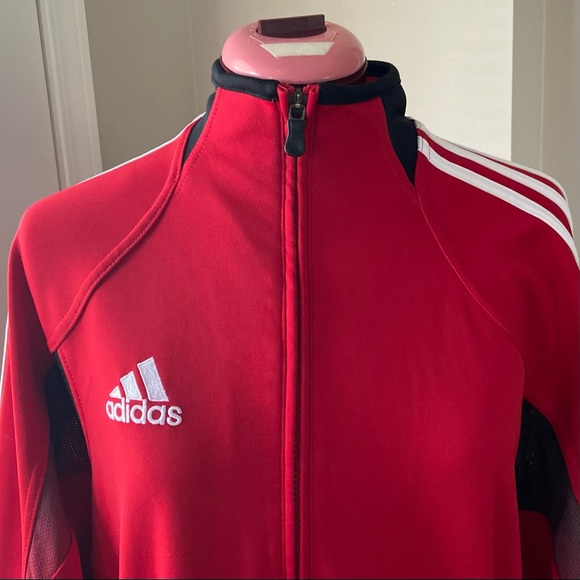 Adidas unisex red, white 3 stripes long sleeve zip up track top. Size XL. Used. - Picture 2 of 10